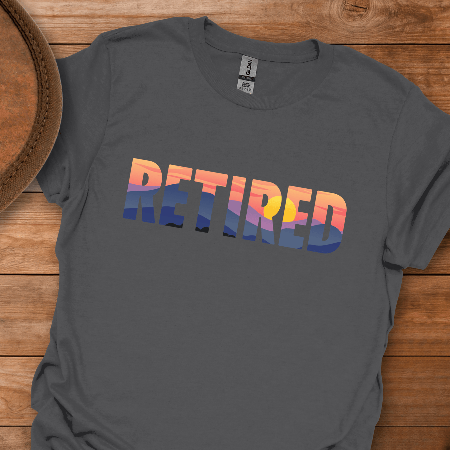 Retired Mountain Sunset Scenic Block Text T-Shirt