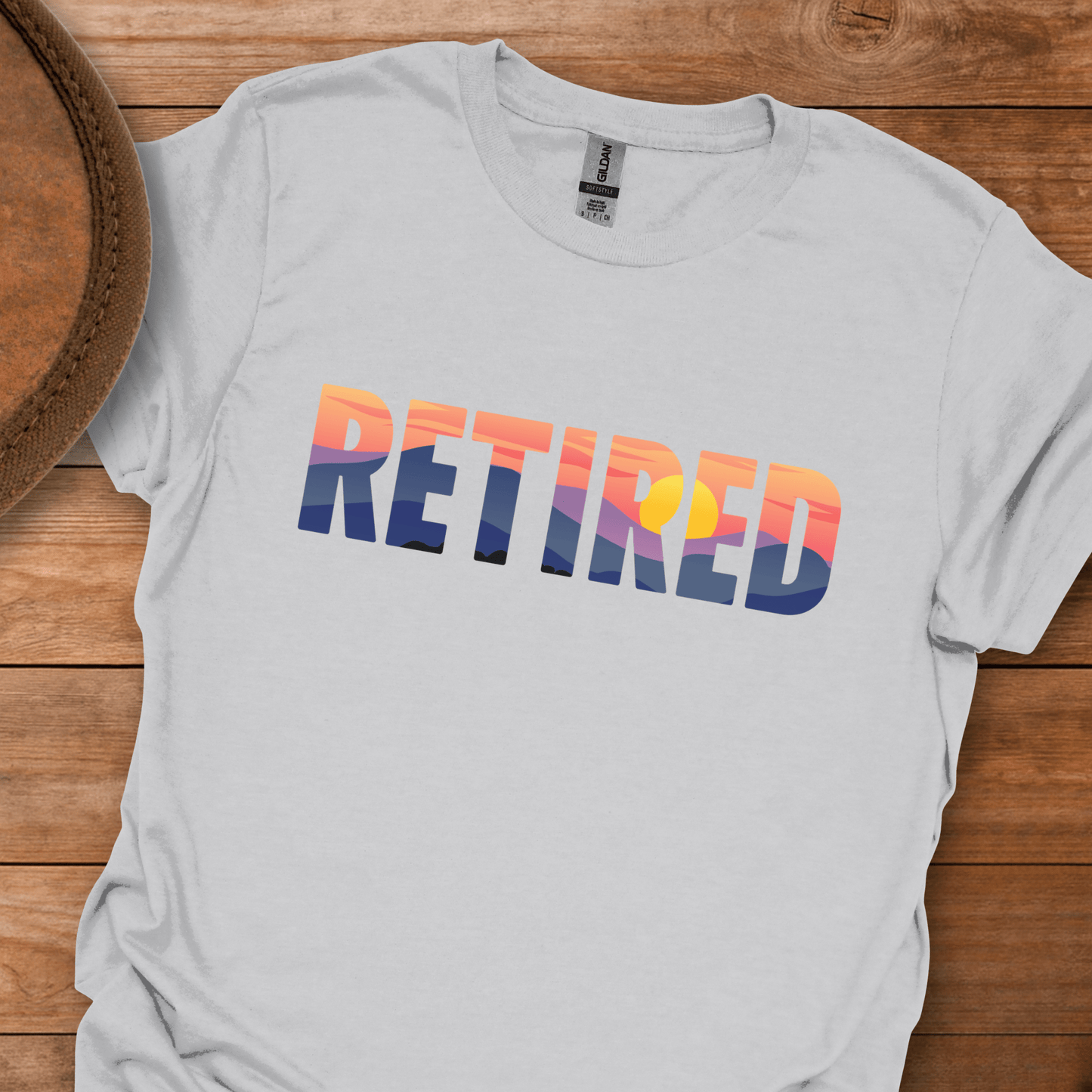 Retired Mountain Sunset Scenic Block Text T-Shirt