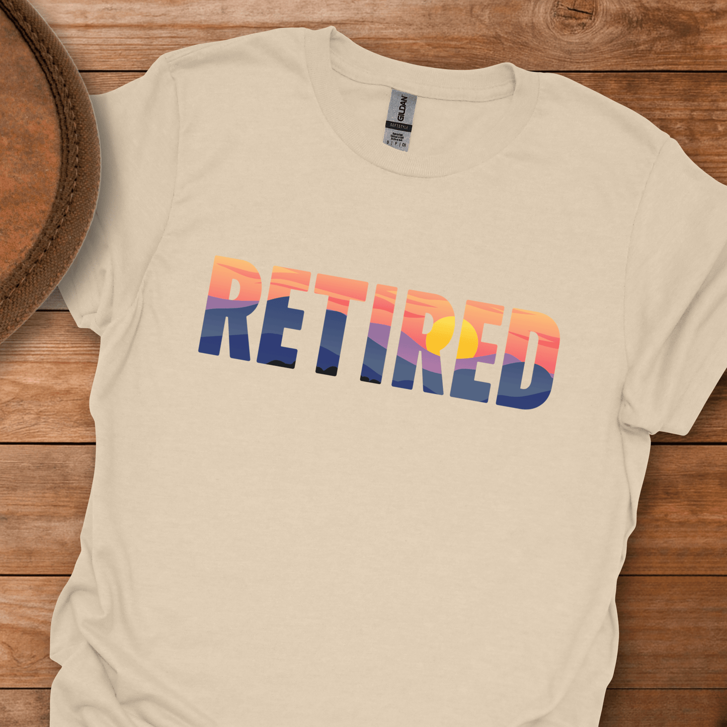 Retired Mountain Sunset Scenic Block Text T-Shirt