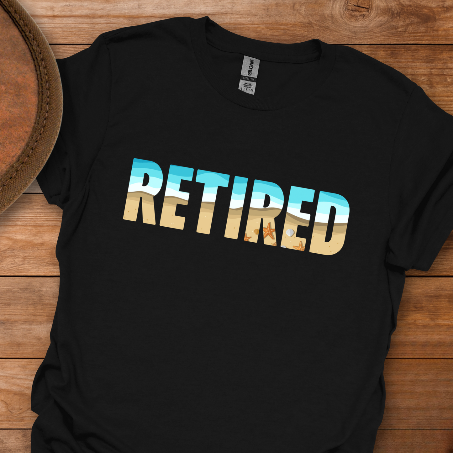 Retired Beach Scene Block Text T-Shirt