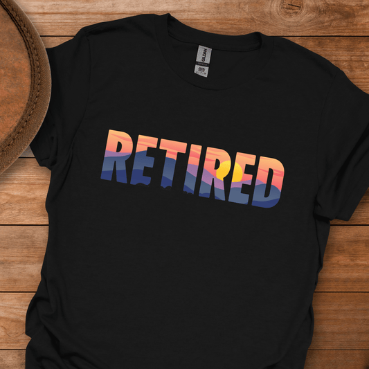 Retired Mountain Sunset Scenic Block Text T-Shirt